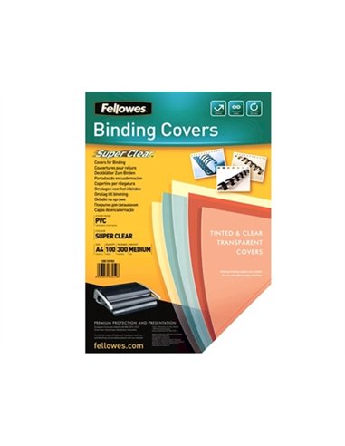 Couverture fellowes pvc transparent 300 microns format a4 pour reliure paquet 100 unités.