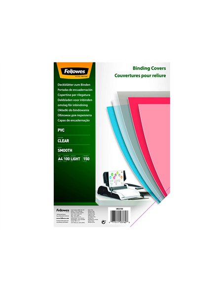 Couverture fellowes pvc transparent grammage économique 15/100e format a4 paquet 100 unités.