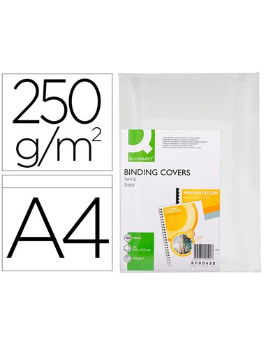 Couverture q-connect carton 250g grain cuir pour reliure format a4 coloris blanc brillant paquet 100 unités.