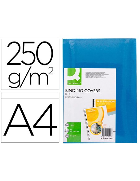 Couverture q-connect carton 250g grain cuir pour reliure format a4 coloris bleu paquet 100 unités.