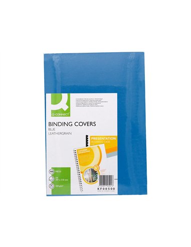 Couverture q-connect carton 250g grain cuir pour reliure format a4 coloris bleu paquet 100 unités.