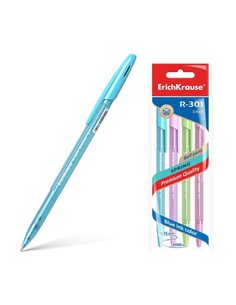 Lot de 4 stylos à bille Erichkrause R-301 Spring Stick 0,7 - Corps hexagonal translucide - Encre à séchage rapide - Bleu