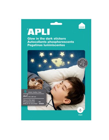 Apli Pack de 5 étiquettes phosphorescentes 210x297mm A4 - 5 feuilles pour 1 étiquette - Permet de les découper et de créer diffé