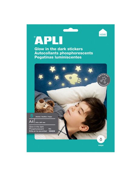 Apli Pack de 5 étiquettes phosphorescentes 210x297mm A4 - 5 feuilles pour 1 étiquette - Permet de les découper et de créer diffé
