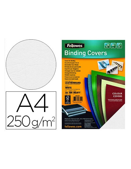 Couverture fellowes grain cuir 250g format a4 coloris blanc paquet 100 unités