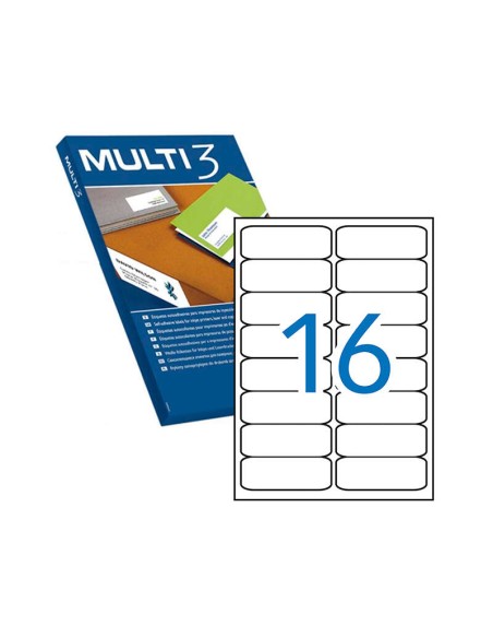 Pack Multi3 de 8 000 étiquettes, format 99,1 x 34 mm, 500 feuilles x 16 étiquettes, adhésif permanent, bords arrondis, blanc