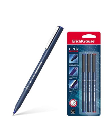 Lot de 3 marqueurs à pointe fine Erichkrause F-15 - Course de 0,6 mm - Clip métallique - Noir, bleu et rouge