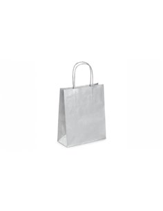 Sac kraft 90g/m2 poignees torsadees 23x12x30cm paquet 50 unites coloris argent.