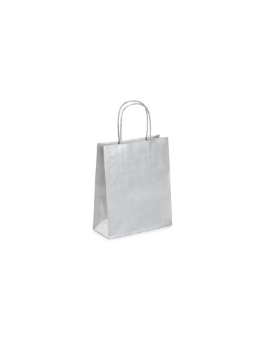 Sac kraft 90g/m2 poignees torsadees 23x12x30cm paquet 50 unites coloris argent.