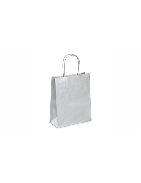 Sac kraft 90g/m2 poignees torsadees 23x12x30cm paquet 50 unites coloris argent.