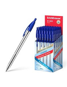 Stylo à bille rétractable ErichKrause R-301 Matic, pointe 1,0 mm, encre à séchage rapide, corps transparent, bleu