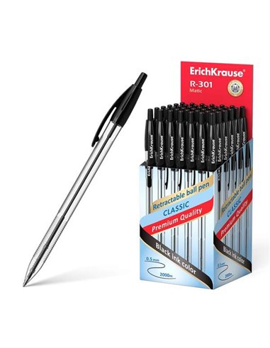 Stylo à bille rétractable ErichKrause R-301 Matic, pointe 1,0 mm, encre à séchage rapide, corps transparent, noir