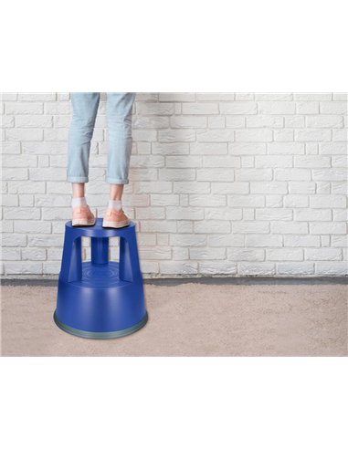 Tabouret q-connect plastique roues caoutchouc rétractables 2 niveaux base 44cm hauteur 43cm poids 2.9kg coloris bleu.