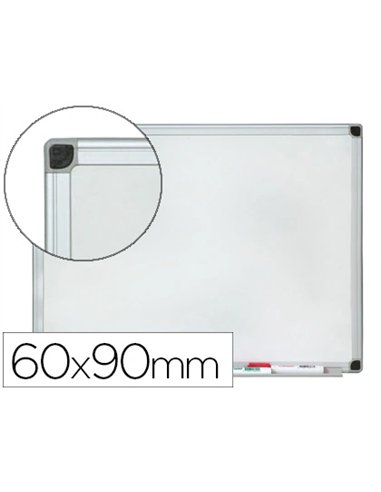 Tableau q-connect magnétique émaillé 800 degrés vitrifié cadre aluminium porte-marqueurs 60x90cm coloris blanc.