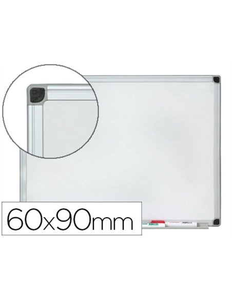 Tableau q-connect magnétique émaillé 800 degrés vitrifié cadre aluminium porte-marqueurs 60x90cm coloris blanc.