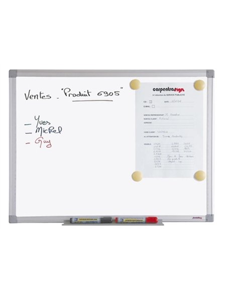 Tableau blanc juvénilia laqué magnétique usage fréquent auget aluminium gris kit fixation inclus 45x60cm.