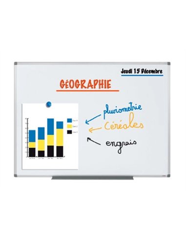 Tableau blanc juvénilia émaillé magnétique ultra résistant tôle acier lisse auget 30cm kit fixation inclus 100x150cm.