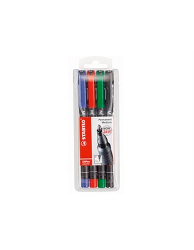 Stylo-feutre stabilo ohp pen permanent pointe moyenne 1mm encre indélébile multi-supports agrafe pochette assortie 4u.
