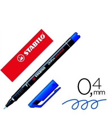 Stylo-feutre stabilo ohp pen permanent pointe extra fine 0.4mm encre indélébile multi-supports agrafe coloris bleu.
