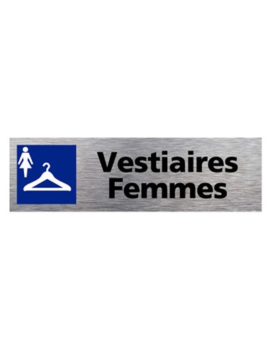 Plaque de porte vestiaire femmes signaletique biz pictogramme aluminium brosse double face autocollant dos.