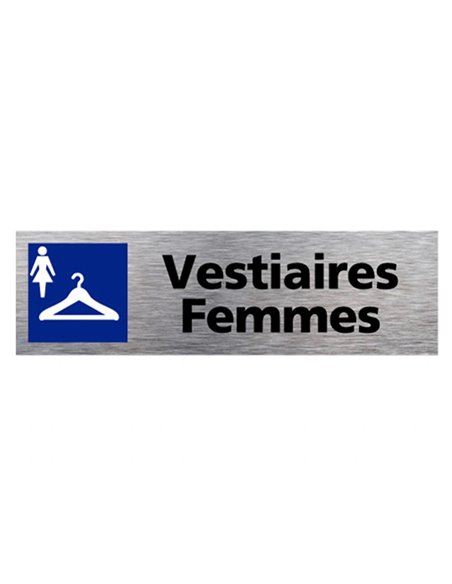 Plaque de porte vestiaire femmes signaletique biz pictogramme aluminium brosse double face autocollant dos.