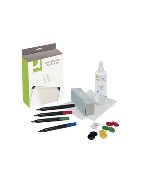 Kit nettoyage q-connect tableau blanc 1 flacon 250ml 4 marqueurs 10 aimants 1 brosse rechargeable 5 lingettes.