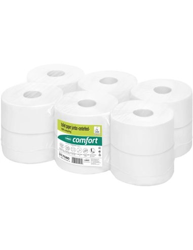 Papier hygiénique jumbo 180m center feed ouate blanche recyclée écolabel 2 plis rouleau 720 feuilles paquet 12 rouleaux.
