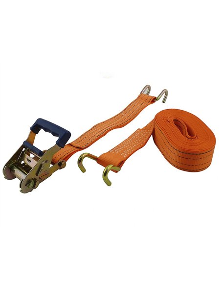 Sangle transport a cliquet viso crochet poids lourd polyethylene resistance 2000kg longueur 8m largeur 5cm orange.