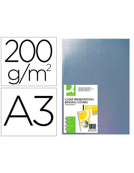 Plat couverture q-connect pvc 200 microns a3 relieurs spirales peignes anneaux incolore paquet 100 unités.