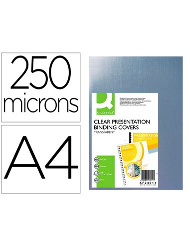 Plat couverture q-connect pvc 250 microns a4 relieurs spirales peignes anneaux incolore paquet 100 unités.