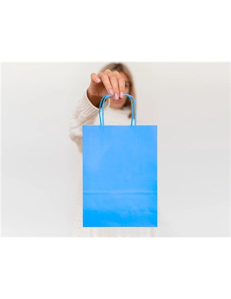 Sac papier q-connect cellulose xs anse torsadee 180x240x80mm coloris bleu ciel.