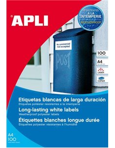 Lot de 100 étiquettes Apli résistantes aux intempéries 210 x 297 mm - Polyester finition mate - Bords droits - Blanc