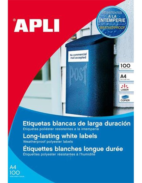 Lot de 100 étiquettes Apli résistantes aux intempéries 210 x 297 mm - Polyester finition mate - Bords droits - Blanc