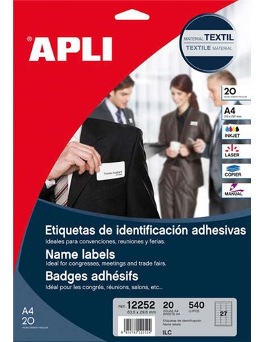 Étiquettes d'identification textile Apli à bords arrondis - Format 63,5 x 29,6 mm - Adhésif amovible - Paquet de 20 feuilles de 
