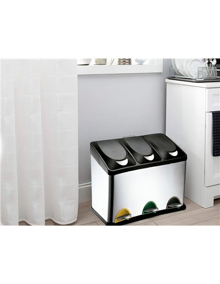 Poubelle q-connect métallique pédale couvercle plastique 45l 3 compartiments 15l.