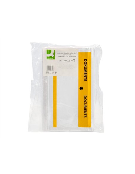 Pochette porte-documents q-connect 225x122mm auto-adhesive transparente texte francais allemand boite 100 unites.