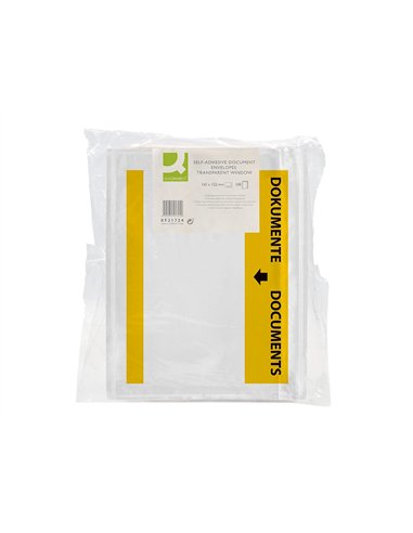 Pochette porte-documents q-connect 165x122mm auto-adhesive transparente texte francais allemand boite 100 unites.