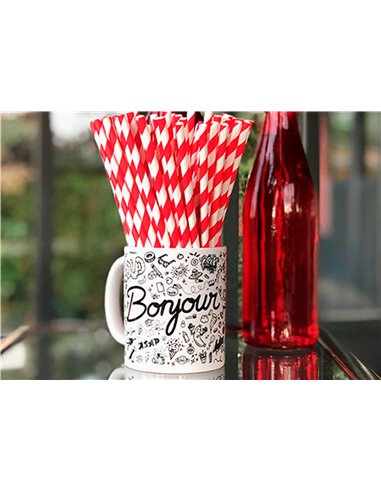 Paille en papier biodegradable coldis diametre 6mm longueur 20cm coloris rouge/blanc boite 250 unites.