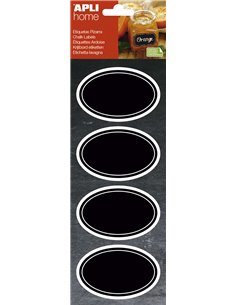 Étiquettes tableau noir ovales Apli 80 x 50 mm - Adhésif amovible - 2 feuilles (8 étiquettes) - Craie liquide ou classique - Eff