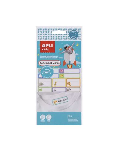 Lot de 35 étiquettes textiles thermoadhésives Apli - Résistantes au lave-linge et au sèche-linge - Tailles assorties - Couleurs 