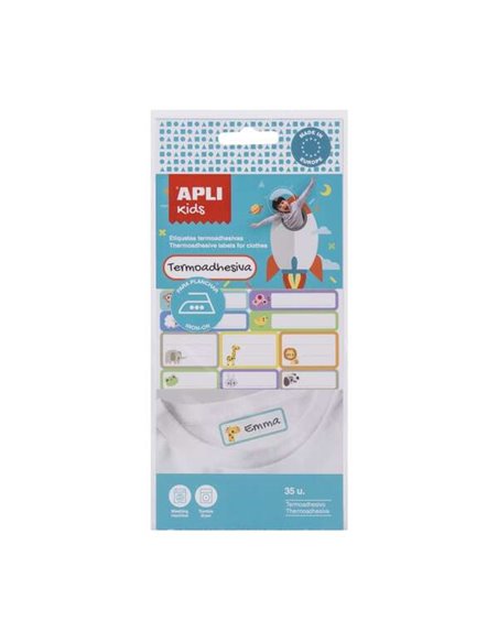 Lot de 35 étiquettes textiles thermoadhésives Apli - Résistantes au lave-linge et au sèche-linge - Tailles assorties - Couleurs 