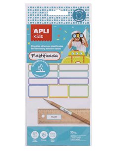 Lot de 35 étiquettes plastifiées assorties Apli Kids - Trois tailles : 46,5 x 10 mm (14), 30,5 x 19 mm (3), 30,6 x 11 mm (18) - 