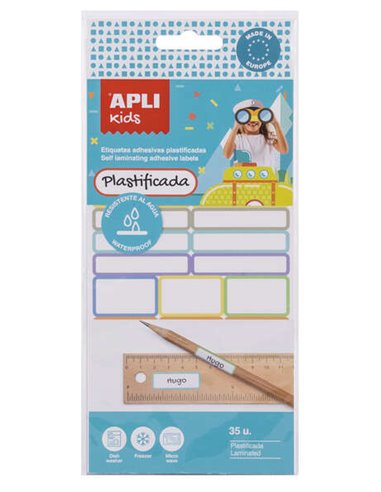 Lot de 35 étiquettes plastifiées assorties Apli Kids - Trois tailles : 46,5 x 10 mm (14), 30,5 x 19 mm (3), 30,6 x 11 mm (18) - 