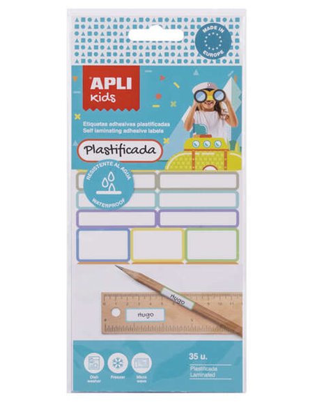 Lot de 35 étiquettes plastifiées assorties Apli Kids - Trois tailles : 46,5 x 10 mm (14), 30,5 x 19 mm (3), 30,6 x 11 mm (18) - 