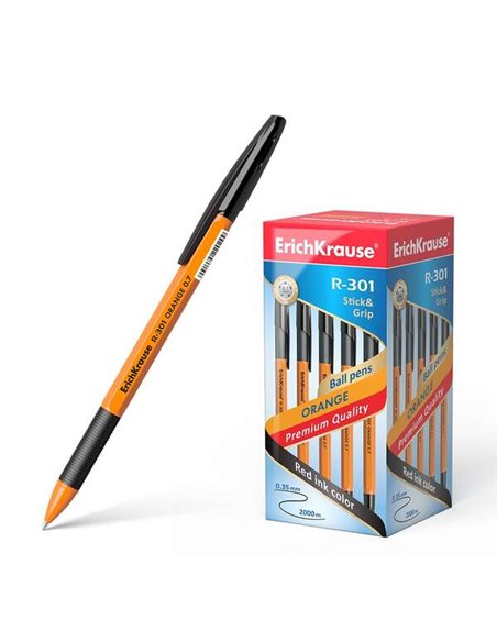 Stylo à bille Erichkrause R-301 Stick&Grip 0,7 mm - Corps orange avec grip en caoutchouc - Encre à séchage rapide - Noir