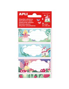 Autocollants scolaires Princesse Apli - Format 81 x 36 mm - 9 étiquettes sur 3 feuilles - Adhésif permanent de haute qualité - M