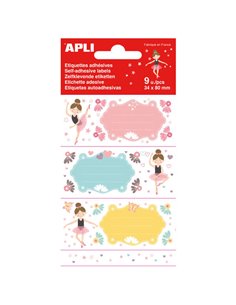 Étiquettes adhésives Apli School Ballerines - Format 81 x 36 mm - 9 étiquettes (3 par modèle) - Adhésif permanent de haute quali