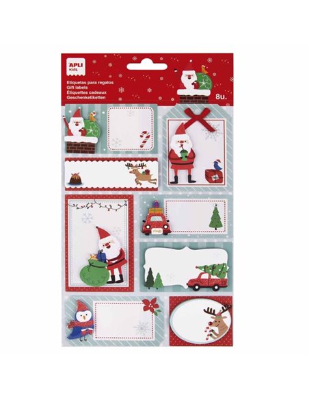 Pack de 8 autocollants cadeaux de Noël Apli - Tailles et motifs assortis - Espace pour écrire