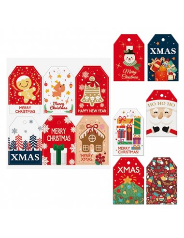 Lot de 48 étiquettes cadeaux Dohe Christmas - Motifs de Noël - Format 4,6 x 6,8 cm - Découpées sur papier cartonné - Cordon incl