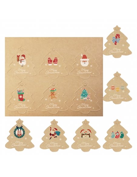 Lot de 48 étiquettes cadeaux Dohe Christmas Kraft - Motifs de Noël - Format 4,5 x 5 cm - Découpées sur papier cartonné - Cordon 